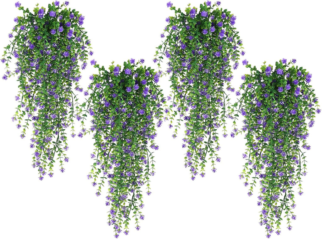 SJL Hanging Greenery 4pcs Realistic Artificial Plants Indoor Artificial Hanging Plants Outdoor Fake Eucalyptus Faux Ivy Plastic Flowers Leaves Decor for Bedroom Porch Wall (Purple)