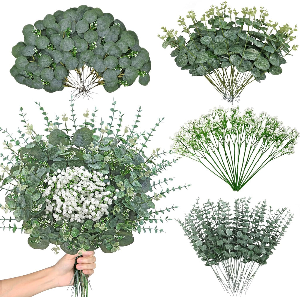 KHOYIME Artificial Eucalyptus Greenery Stems 120PCS with 4 Kinds of Mixed Faux Babys Breath Flowers Fake Green Leaves Plants Bulk, DIY Floral Bouquets Arrangement for Wedding Party Table Home Decor
