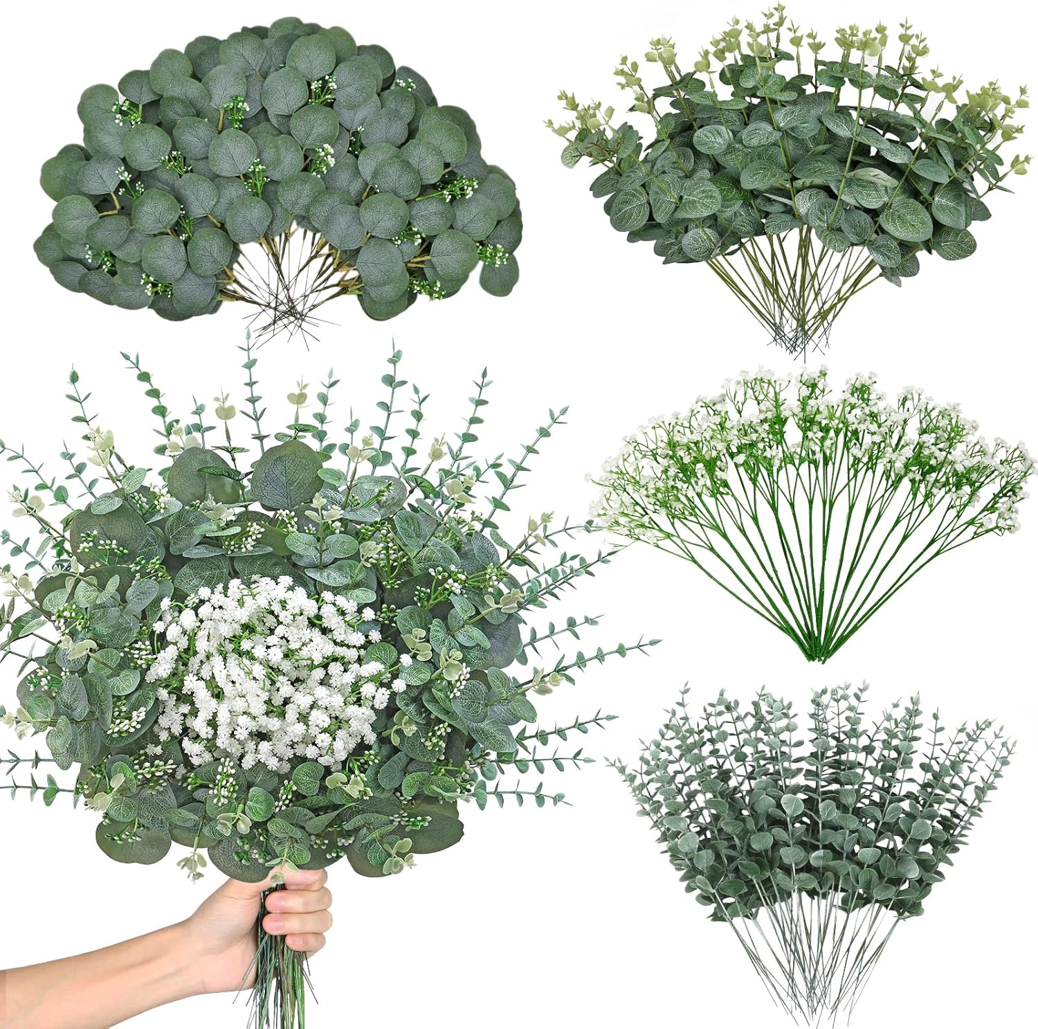 KHOYIME Artificial Eucalyptus Greenery Stems 120PCS with 4 Kinds of Mixed Faux Babys Breath Flowers Fake Green Leaves Plants Bulk, DIY Floral Bouquets Arrangement for Wedding Party Table Home Decor