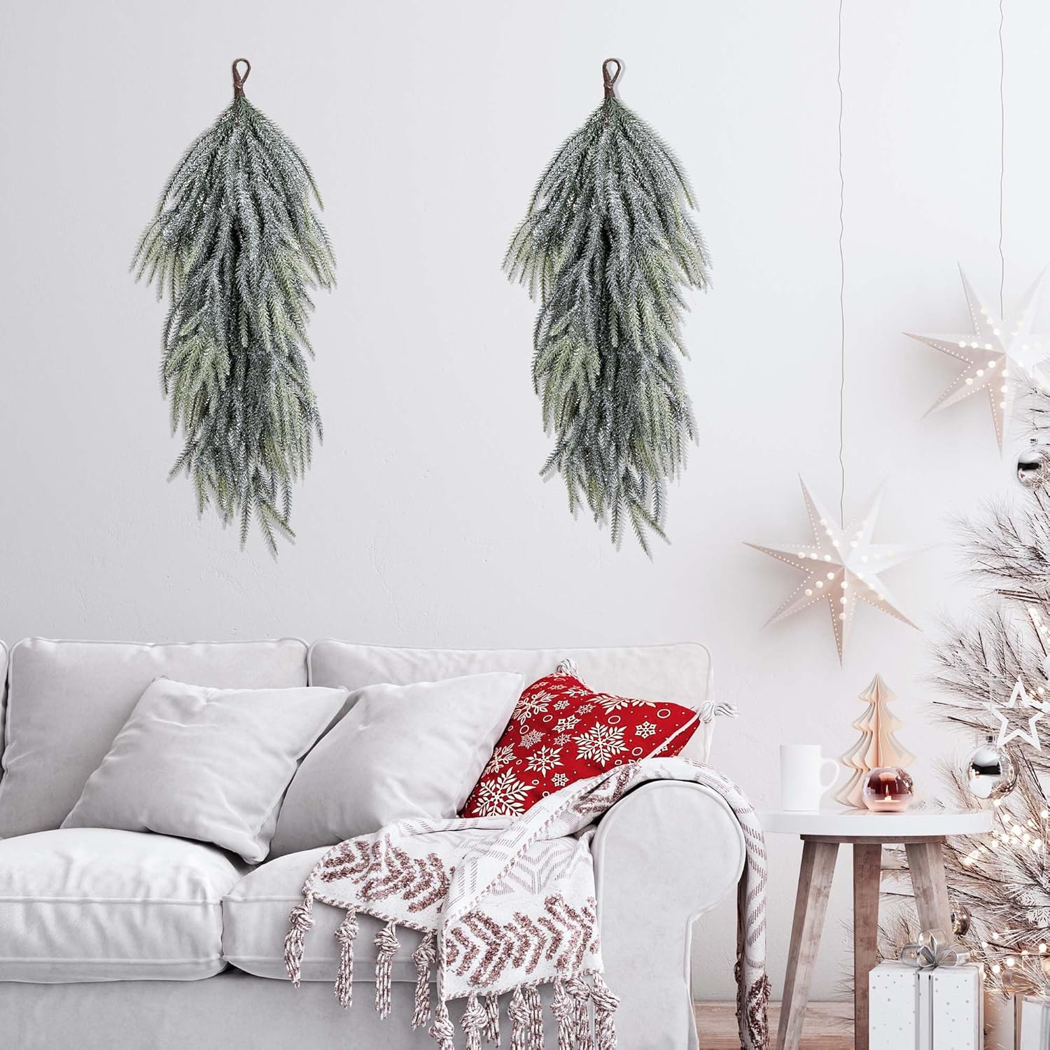 2 Pcs Artificial Christmas Snow Teardrop Swag, 28" Faux Glitter Snow Flocked Norfolk Pine Teardrop Door Swag, White Frosted Real Touch Pine Wreath Staircase Swags for Xmas Door Mantle Fireplace Decor