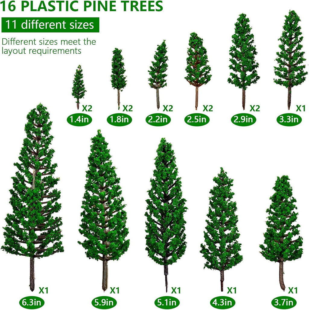 16 PCS Model Pine Trees, N Scale Buildings Scenery Tree, Mixed Size Micro Landscape Tree(1.4''-6.3''), for Crafts, Woodland Scenery, Diorama, Cake Topper