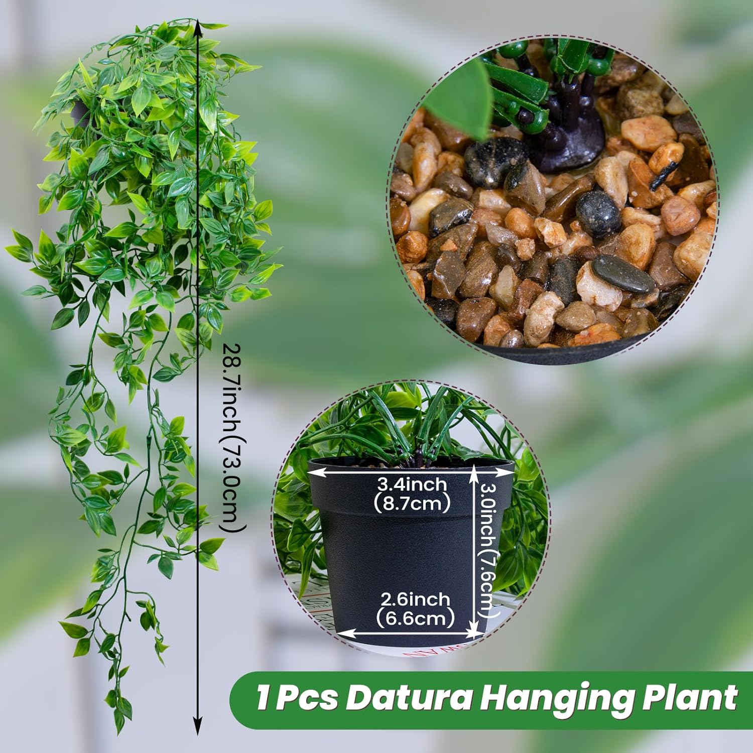 Fake Hanging Plant with Pot Small Artificial Potted Vine Plants 28.7-in Long Faux drooping Foliage Plants for Shelf Home Office Indoor Outdoor Garden Greenery Decor (Black Pot)