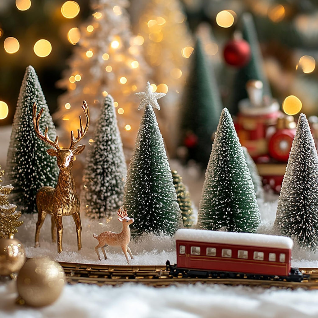 2pcs 12inch Mini Christmas Tree Bottle Brush Trees Chrismas Village Trees Ornaments Mini Plastic Christmas Trees with Wooden Base for Christmas Decoration Miniature Chrismas Tree