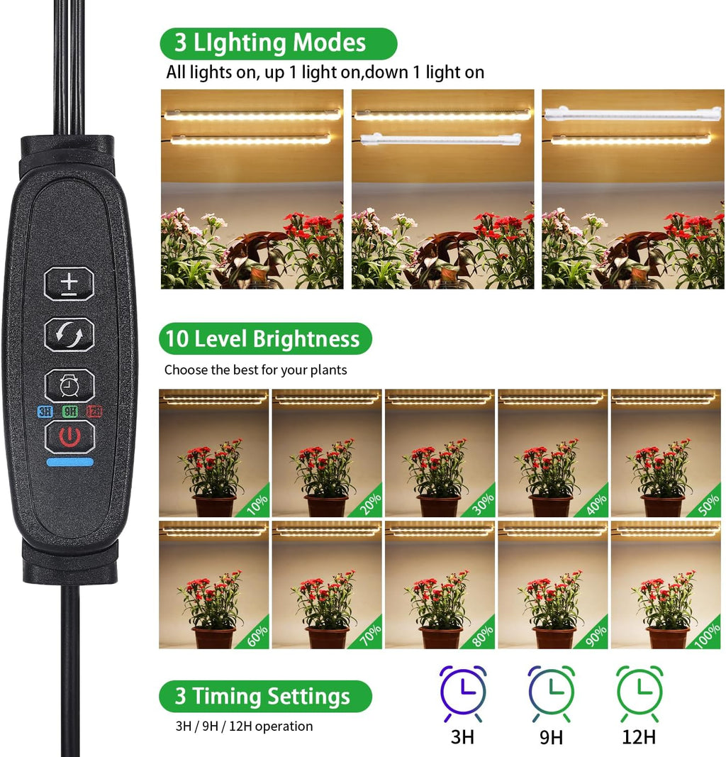 8.6'' Mini LED Grow Light Strips, Full Spectrum 3000K, 52 LED Plant Light with 3/9/12H Timer, 10 Dimmable Levels for Seedling, Succulent and Plant Shelf, 2 Head