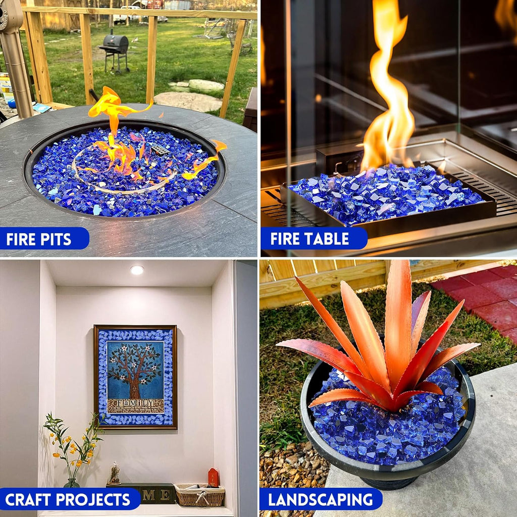 GasSaf 1/2 Inch Fire Glass Reflective Tempered Fireglass Cut Crushed FireGlass for Fire Pit, Fireplace, Replaces Existing Gas Logs & Lava Rocks (10 Pound)(Cobalt Blue Reflective)