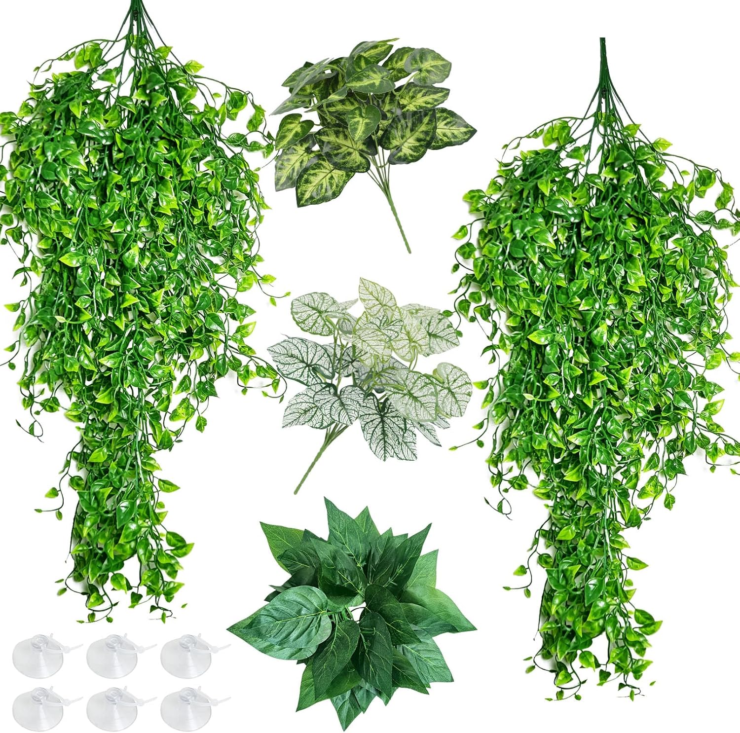 Hamiledyi Reptile Plants Tank Habitat Decorations Fake Hanging Vines 5 Pcs Artificial Leaves Habitat Decorations with Suction Cup for Bearded Dragon, Leopard Gecko, Lizard, Chameleon, Snake (Green)