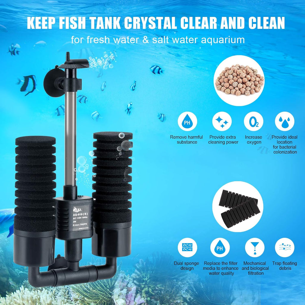 AQQA Aquarium Sponge Filter, Power Driven Double Biochemical Water Filter, Quiet Submersible Foam Filter with 2 Extra Sponges, 1 Bag of Filtered Ceramic Balls for Fresh and Salt Water Fish Tank (S)