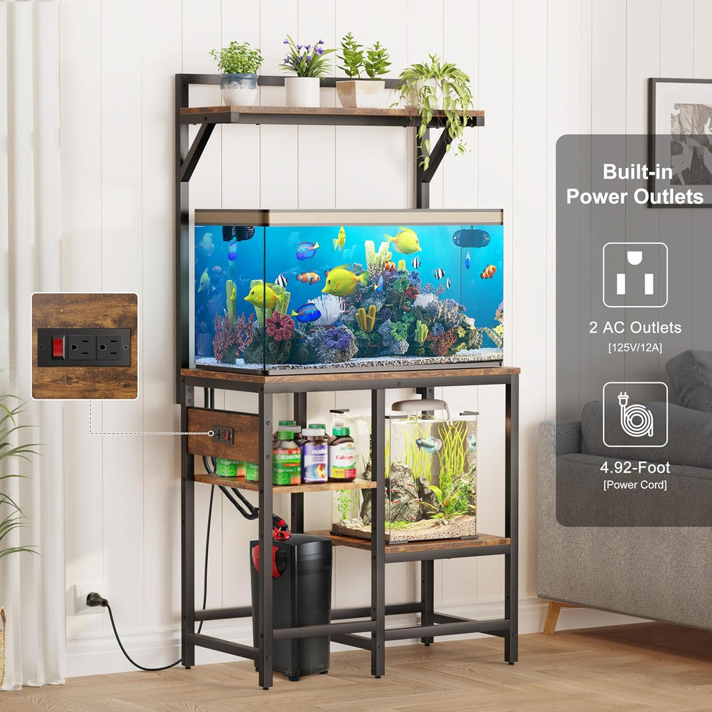 20-29 Gallon Fish Tank Stand with Power Outlet, Metal Aquarium Stand with Filter Storage, 6-Leg Reptile Tank Stand with 3-Tier Adjustable Storage Shelves and roof Support (20-29 Gallon)