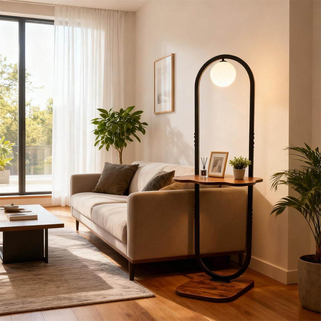 Lightdot 47-Inch Arch Floor Lamp, Modern Standing Lamp with Table, Black Metal Frame with Globe Shade, Living Room Bedroom Lighting, G9 LED Bulb Included