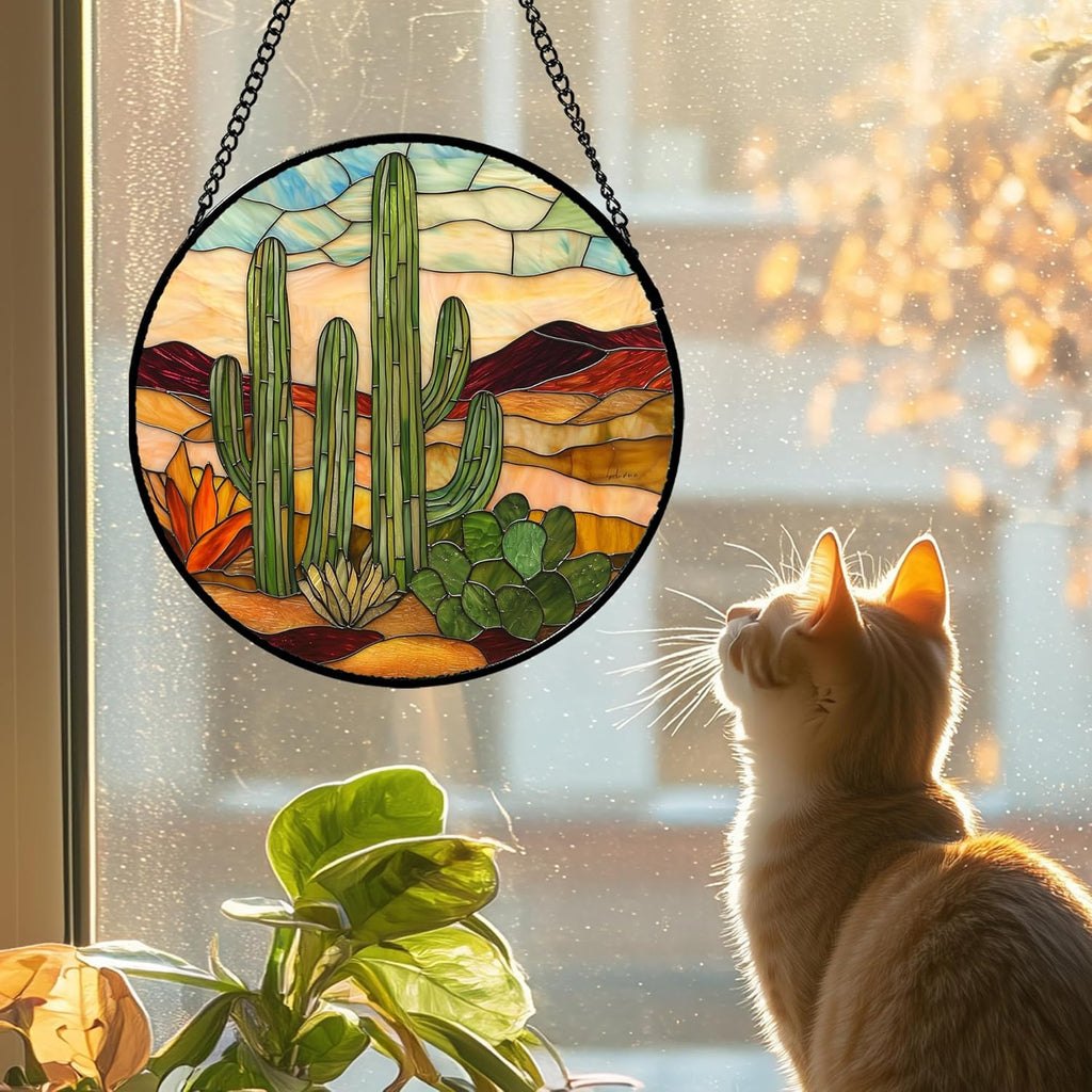 Stained Glass Window Hanging, Green Cactus Sun Catcher for Door Terrace Garden Home Decor, Abstract Desert Landscape Suncatcher Birthday Gifts for Lovers Women Men Dad Mom Nana 11.8 in