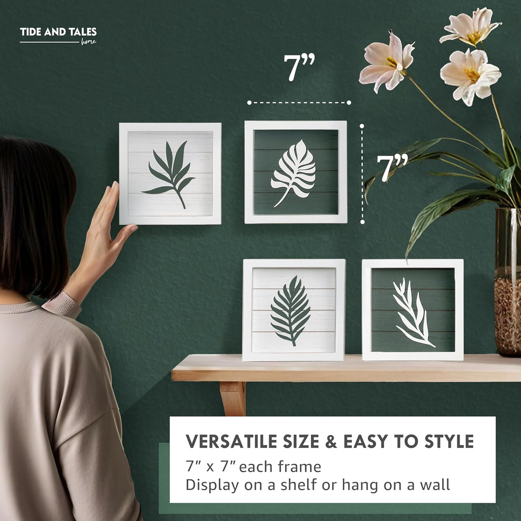 3D Green Botanical Wall Art (Framed Set of 4) Lightweight, Ready-to-Hang Leaf Decor - Wooden Minimalist Boho Wall Art for Bathroom, Bedroom, Living Room or Office - Farmhouse Plant Artwork, Gift-Boxed