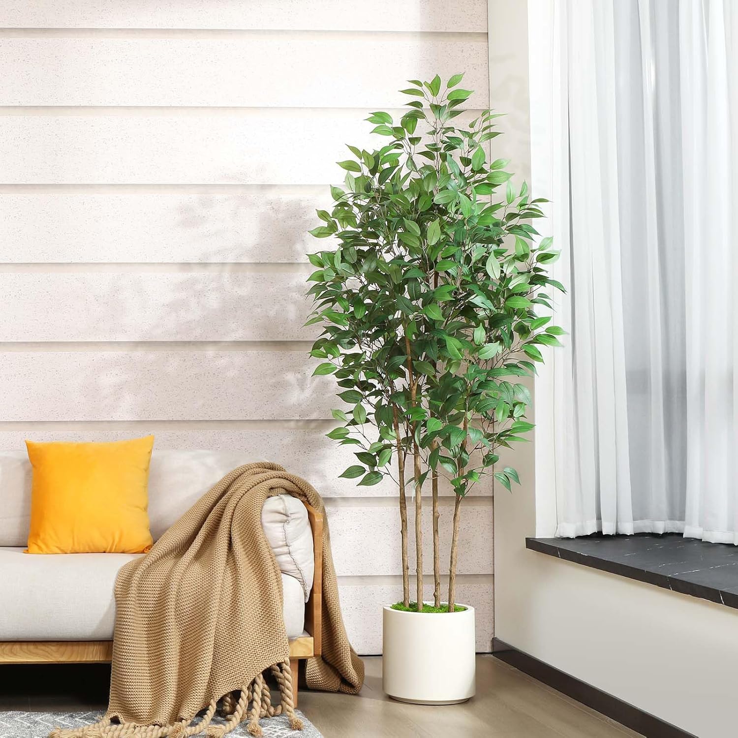 Ficus Artificial Tree 6ft Fake Silk Plant for Home Decor Indoor, Faux Floor Tree in White Imitation Ceramic Planter with Green Fake Moss for Home Office Corner Indoor Decor, Set of 1