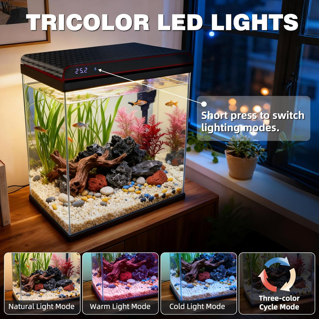 Coospider 10 Gallon Glass Fish Tank, Aquarium Starter Kit - Self-Cleaning with 3-Color LED Lights, Ultra-Quiet Pump & Filter, Smart Temperature Monitoring for Betta, Shrimp, Gift Idea