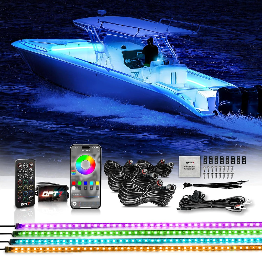 OPT7 Aura Marine Boat Lights LED with App & Remote Control, 4PCS Waterproof Light Strip, RGB Multi Color & Music Sync Interior Deck Lighting Kit for Night Fishing Pontoon Bass Sailboat Yacht Kayak 12V