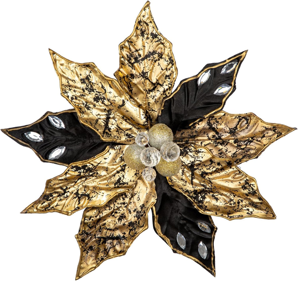 Hollyone 3PCS Poinsettia Christmas Flowers Artificial 11" Large Black and Gold Glitter Poinsettia Flower Christmas Tree Ornaments Floral Picks for Tree Wreath Garland Vase Table Centerpiece Home Decor