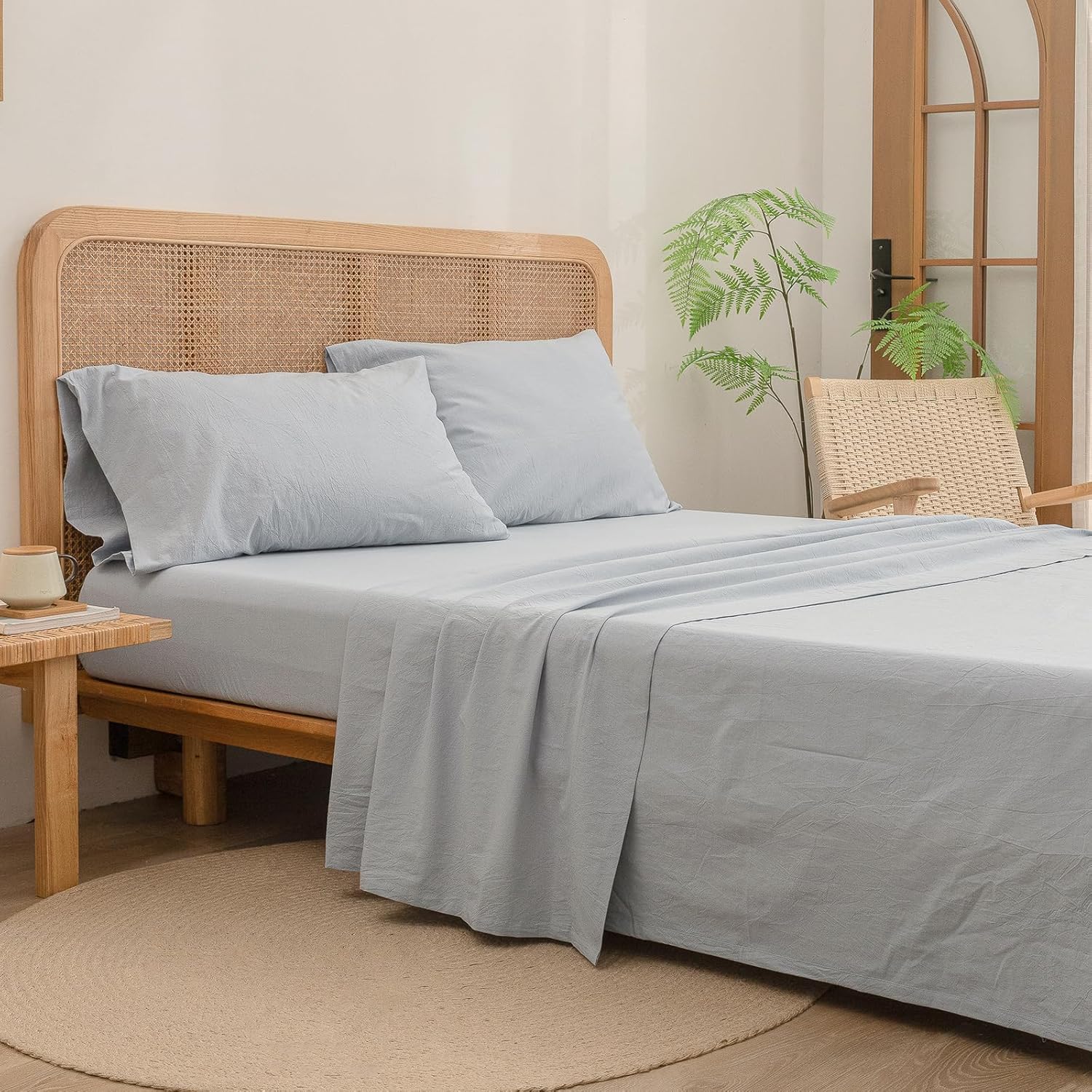 BESTOUCH Sheet Set 100% Washed Cotton Linen Feel Super Soft Comfortable Chic Lightweight 4 Pcs Home Bedding Set Solid Cornflower Blue Queen