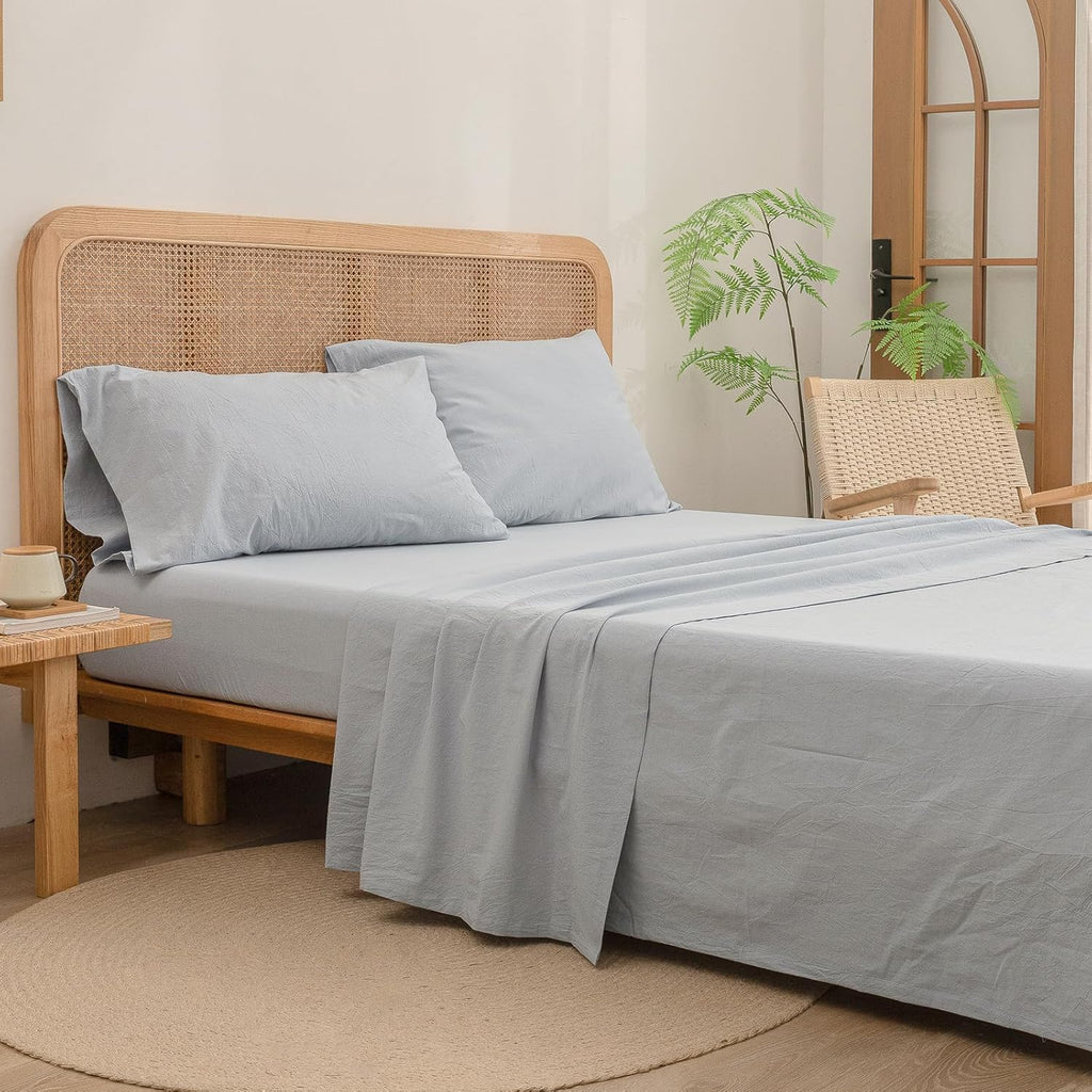 BESTOUCH Sheet Set 100% Washed Cotton Linen Feel Super Soft Comfortable Chic Lightweight 4 Pcs Home Bedding Set Solid Cornflower Blue King