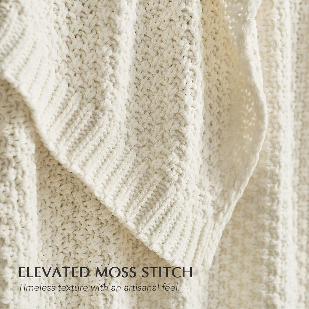 EVERGRACEHOME Chunky Chenille Knit Throw Blanket for Couch, Soft Luxurious Moss Stitch Blankets for Bed, Cozy Decorative Farmhouse Knitted Throws for Sofa, Ivory White, 60" x 80"