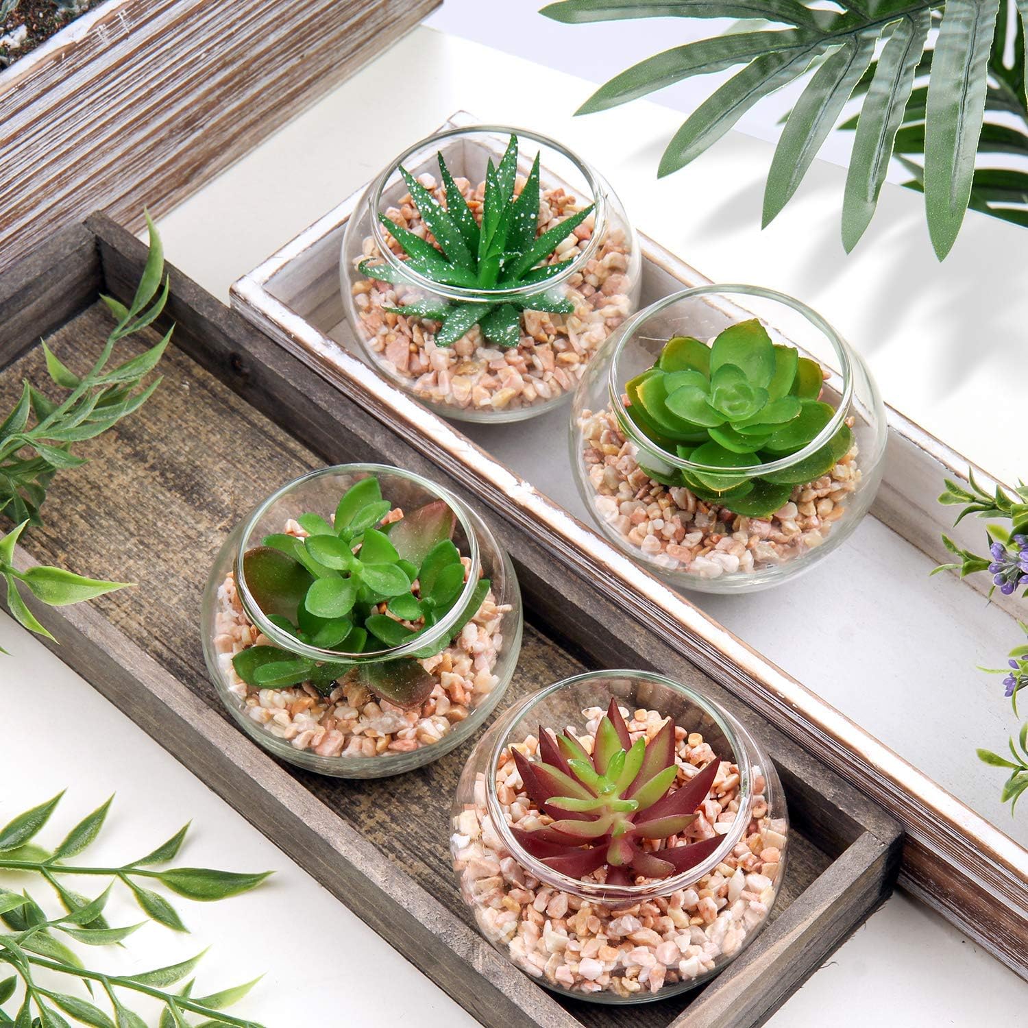 Briful Mini Fake Plants 4 Packs Cute Succulents Artificial Plants Potted Faux Succulents in Round Glass Vase for Bathroom Living Room Kitchen Shelf Table Decor