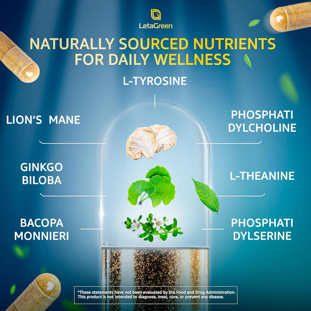 Organic Lions Mane Supplement Capsules - 360 Real Mushrooms Lion's Mane Capsules with Ginkgo Biloba Herb, Bacopa Monnieri, L Theanine, L Tyrosine - Mushroom Complex for Daily Wellness