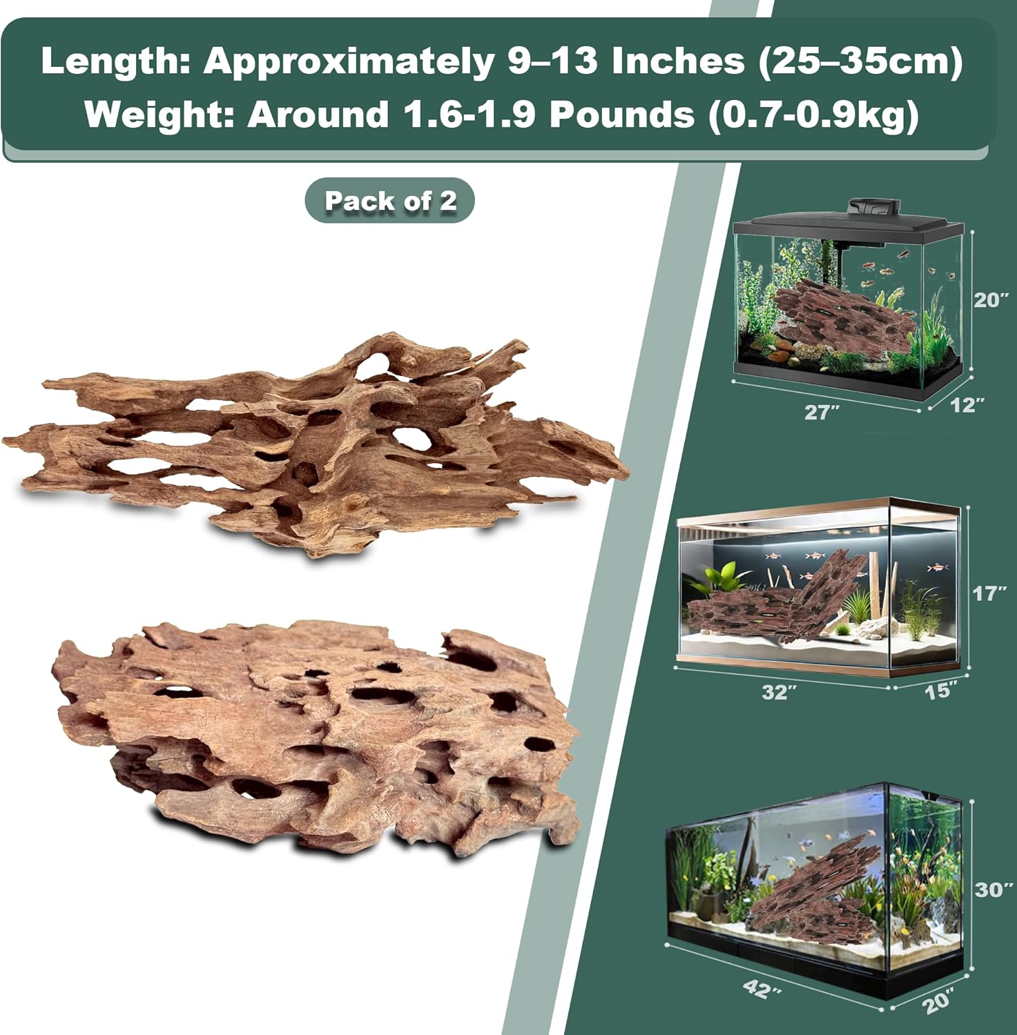 Natural Wood Driftwood for Aquarium Fish Tank Decor,Assorted Driftwood Trunk Branch for Reptile Tank Decor (SHP-XM Driftwood (9 to13 Inch)-Pack of 2)