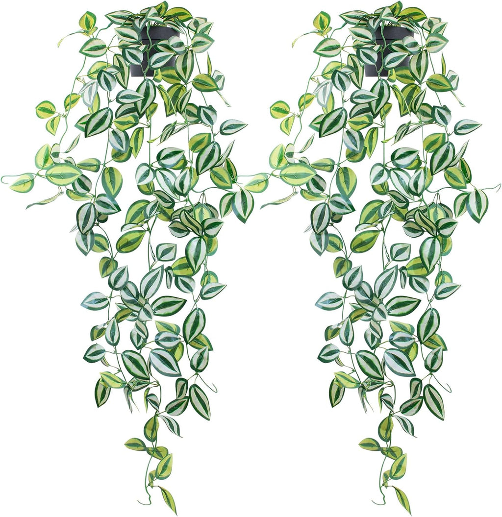 LOYWREE 2 Pack Fake Hanging Plants - Small Potted Plants with Green Eyebrow-Leaf Trailing Vines, Indoor Outdoor Aesthetic Decor for Office, Living Room Shelf & Home Accent (Black Pot)
