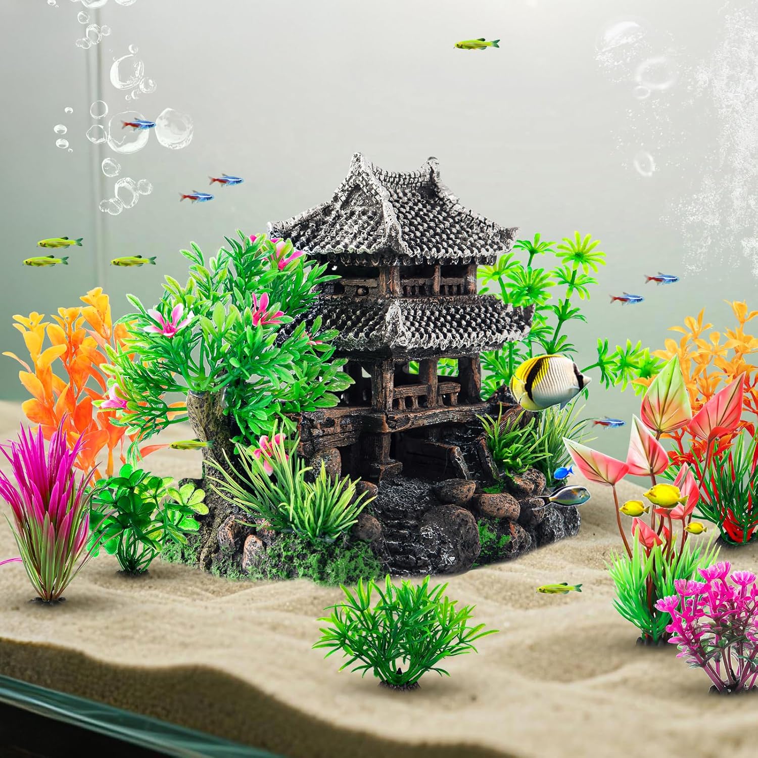 CousDUoBe 9Pcs Resin Castle Decorations Set，Realistic Fish Tank Castle with Eco-Friendly Design,Fish Tank Decorations Aquarium Accessories