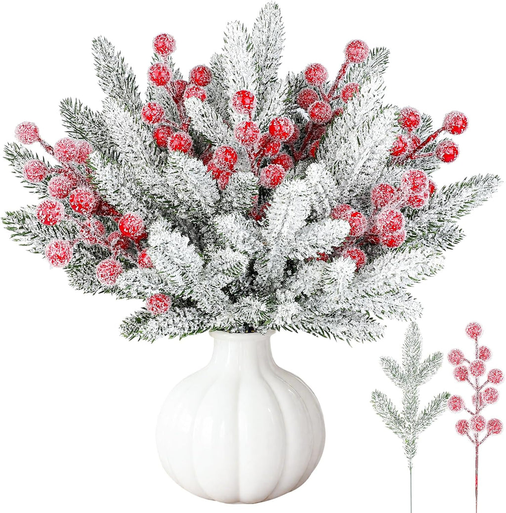 YIYA 30PCS Artificial Christmas Snow Frosted Berries Christmas Snowy Pine Needles Artificial Christmas Flowers for Home Decor Winter Wedding Decor Holiday DIY Crafts