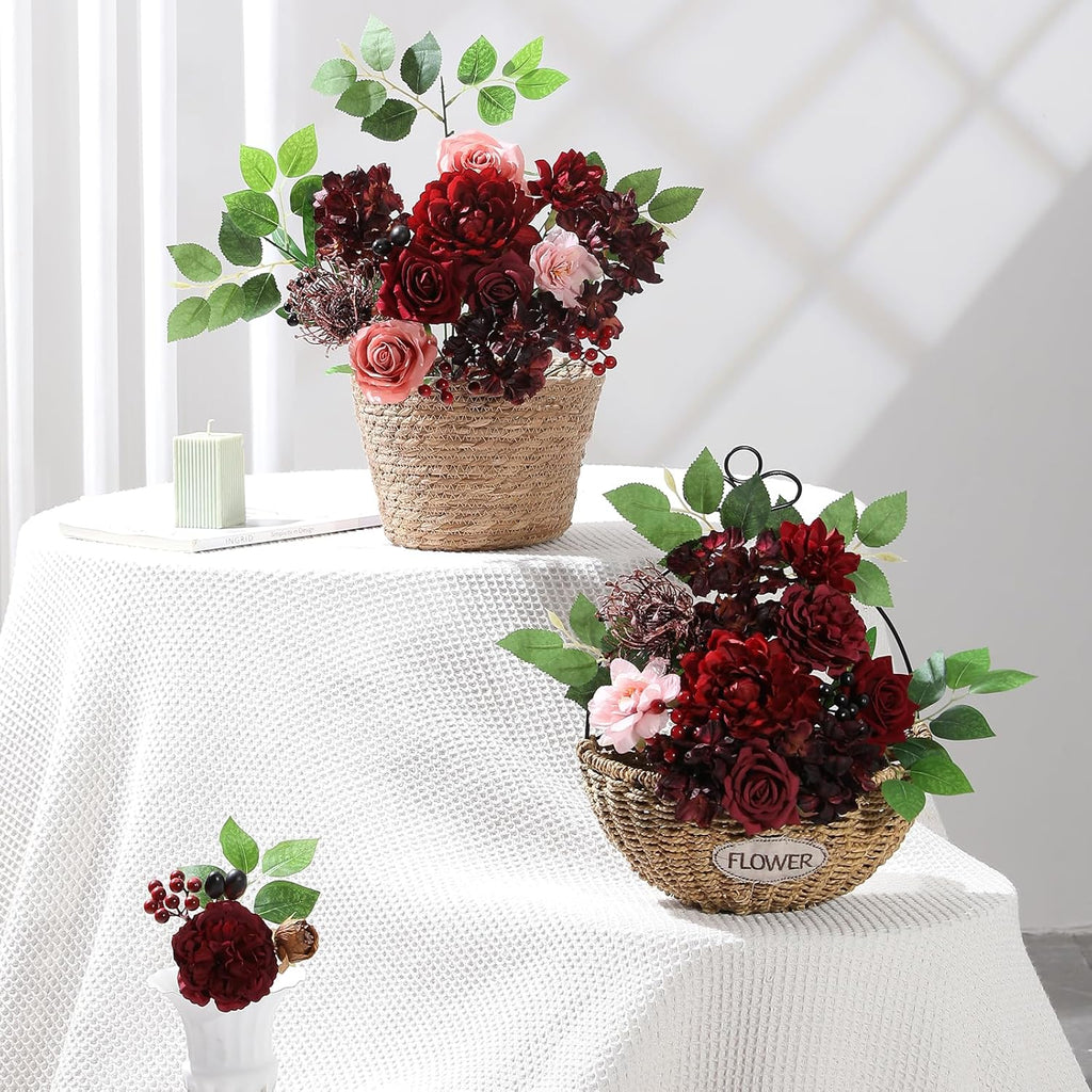 Artificial Flowers Combo Box Set Burgundy Silk Flowers for DIY Wedding Bouquet Arrangements Bridal Shower Party Home Decorations (Mature Burgundy)