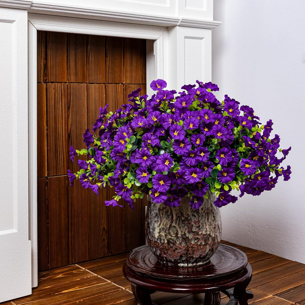 Artificial Faux Flowers for Outdoor 16 Bundles Boxwood Fake Morning Glory for Planter,UV Resistant Fake Flowers for Home Porch Patio Outside（Purple）