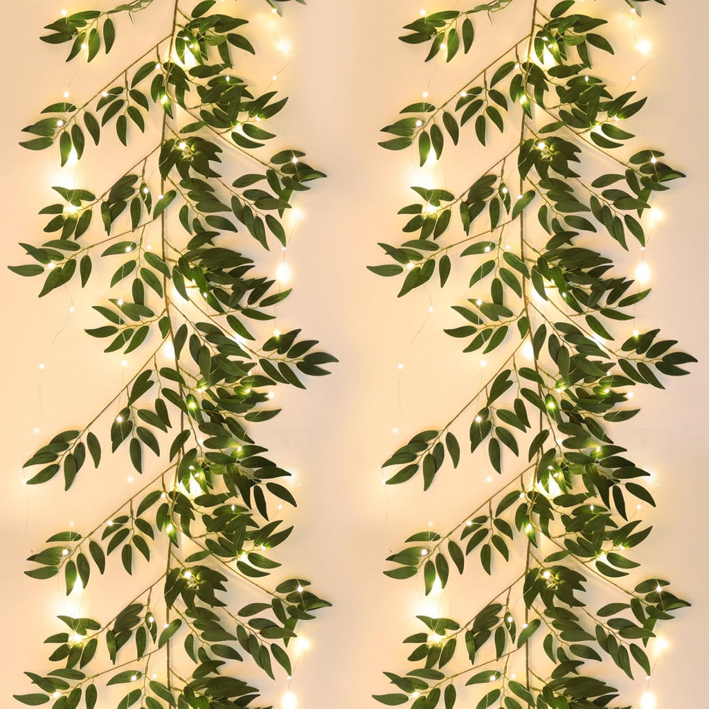RECUTMS Artificial Hanging Willow Leaves Vine Twigs with Light 2Pc 5.7Ft Fake Silk Green Leaves Ivy Garland Faux Greenery Decoration for Indoor Outdoor Home Wedding Jungle Birthday Party Garden Table