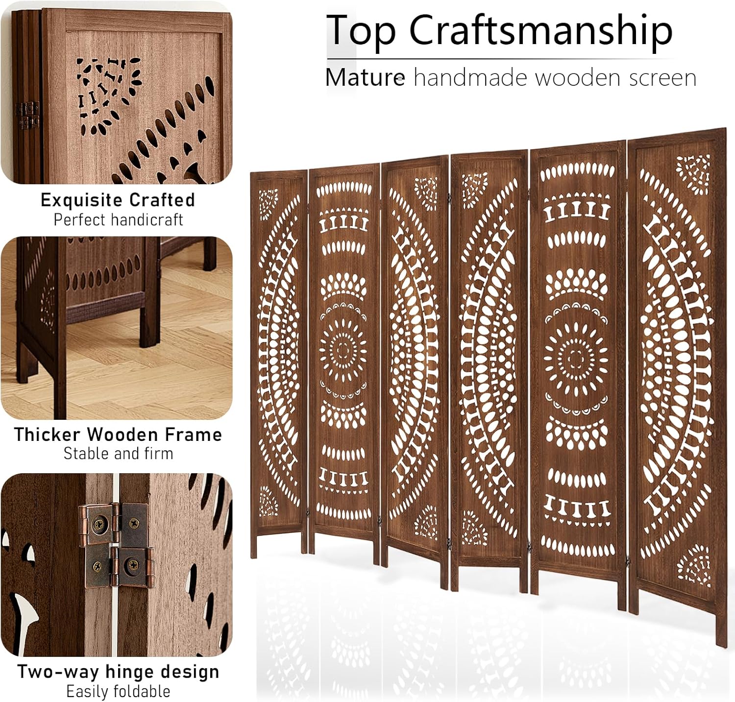 Carved Room Divider Wall, 5.6 FT Tall Room Divider Room, 6 Panel Wood Screen, Portable Freestanding Wall Divider Screen for Room Separation Home Bedroom Office Restaurant (Dark Brown)