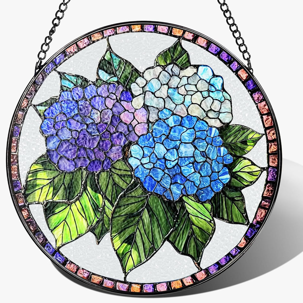 8-Inch Stained Glass Ornament, Stained Glass Window Hanging, Window Hanging Decor Suncatcher, Blue Hydrangea Ornament | Christmas, Mother's Day, Birthday | Gifts for Mom, Garden Gifts for Friends