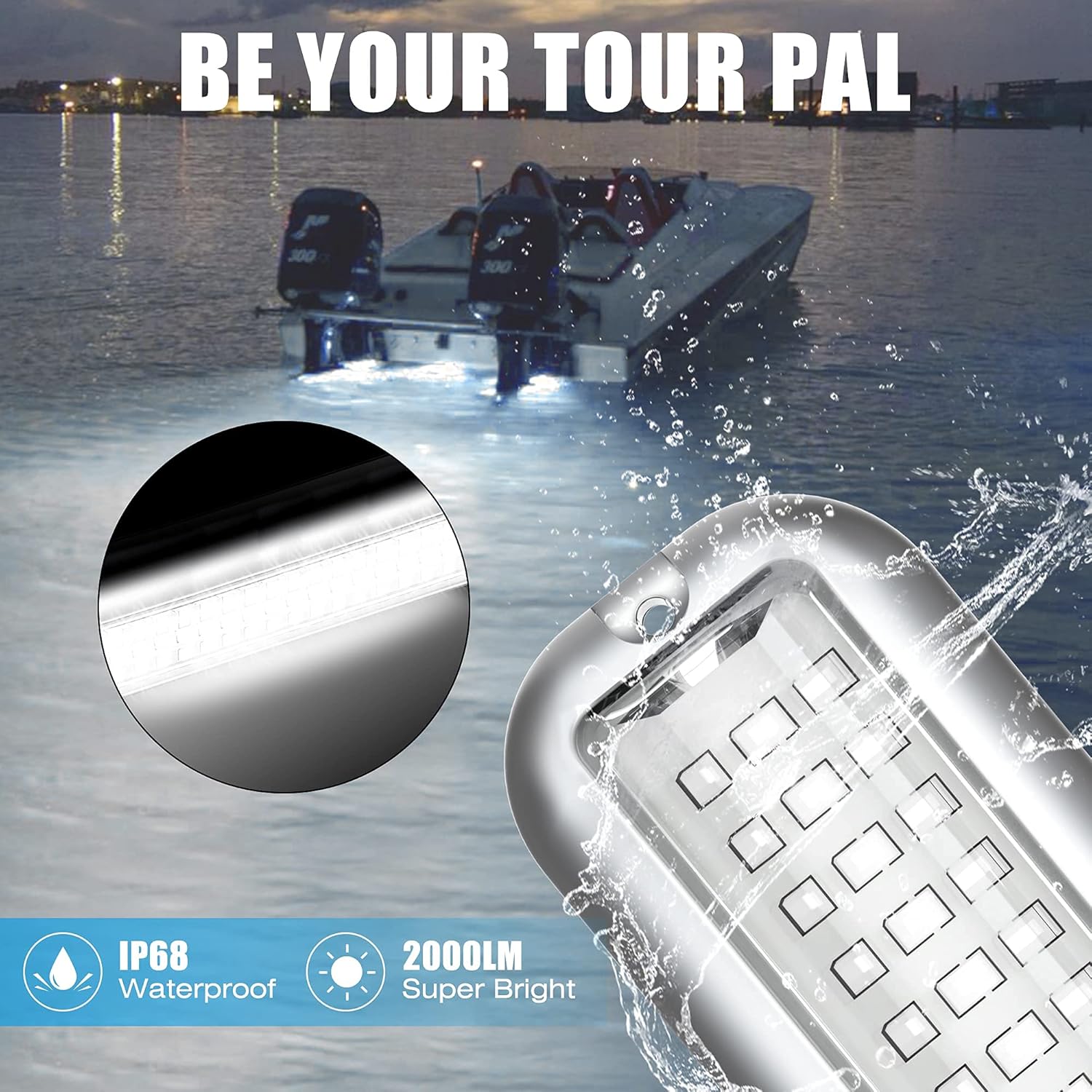 BASIKER BS3 Marine LED Boat Light (2x2000LM 60LED), 10-36V, 316 Stainless Steel, IP68, Air or Underwater, Surface Mount Designed for Cruise Ships, Yachts, Boats, Sailboat, Pontoon, Transom (White)