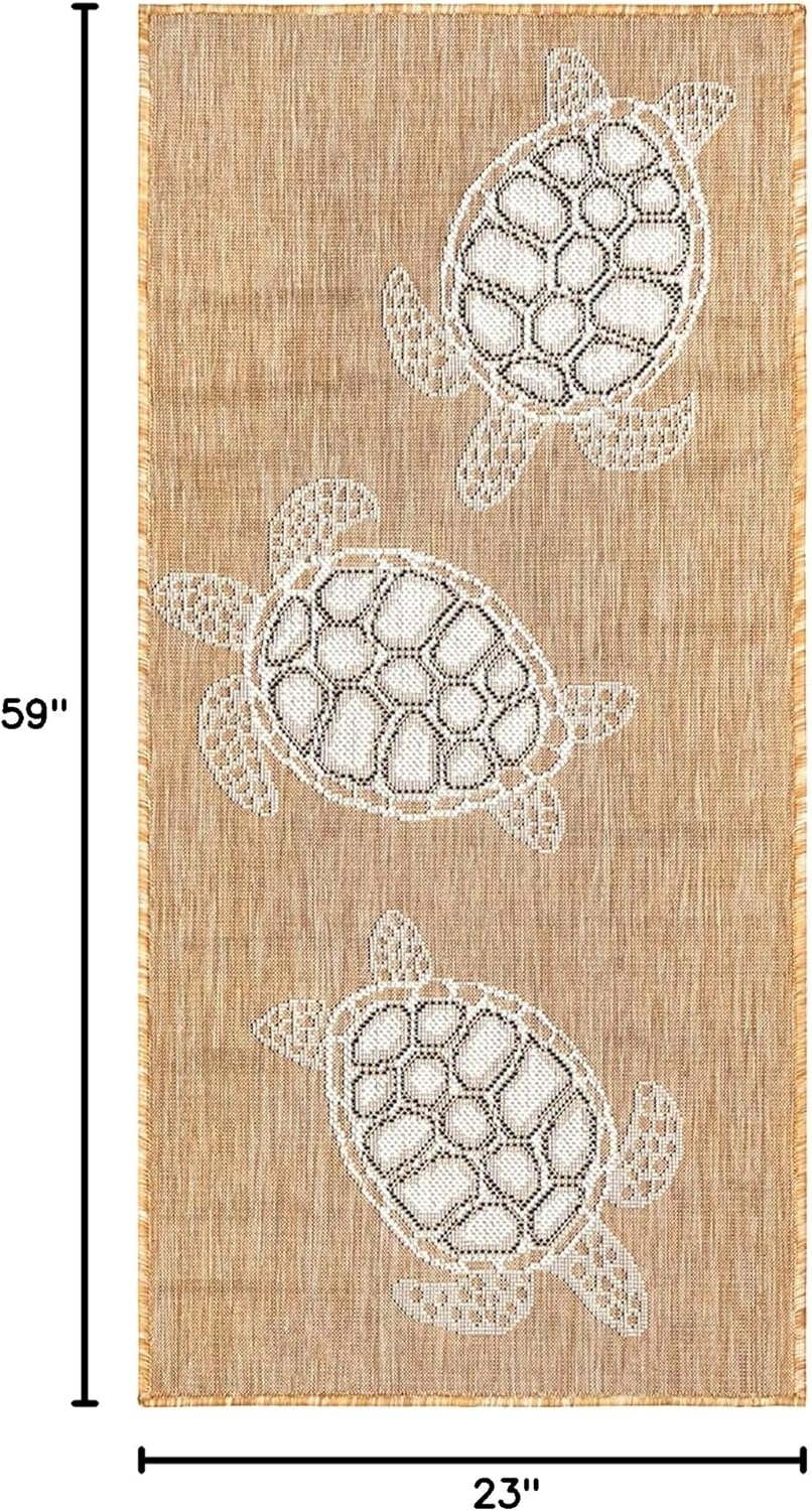 Liora Manne Carmel Indoor/Outdoor Power Loomed Synthetic Blend Low Profile Area Rug - Transitional Coastal Turtle Decorative (Seaturtles Sand) (1'11" x 4'11")