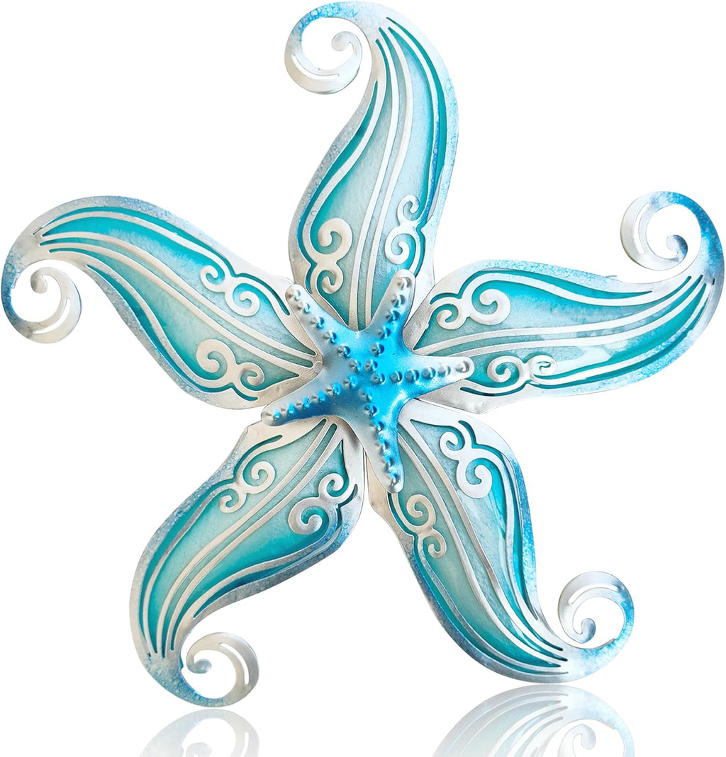 POXOHO Metal Starfish Wall Decor, Sea Life Coastal Decorations 12 inch Starfish Wall Art, Nautical Home Decoration Handing Ocean Beach Wall Art for Garden,Fence,Home,Patio,Kitchen,Bathroom,(Sky Blue)