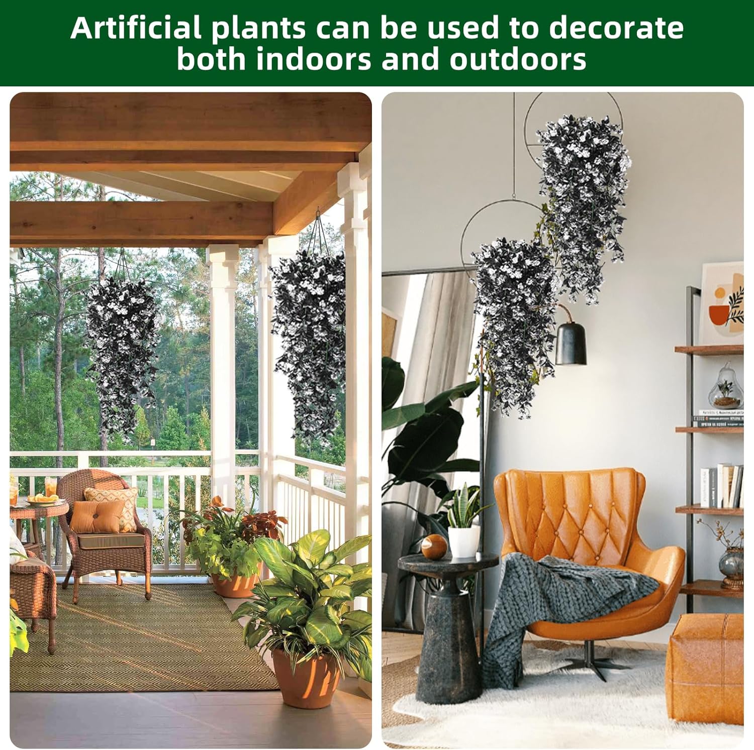 RECUTMS Realistic Artificial Black Hanging Plants Pack of 2 Faux Black Hanging Plant Outdoor Indoor with Lights LED Fairy String Rose Fake Hanging Flwers Decor for Office House (Black and White)