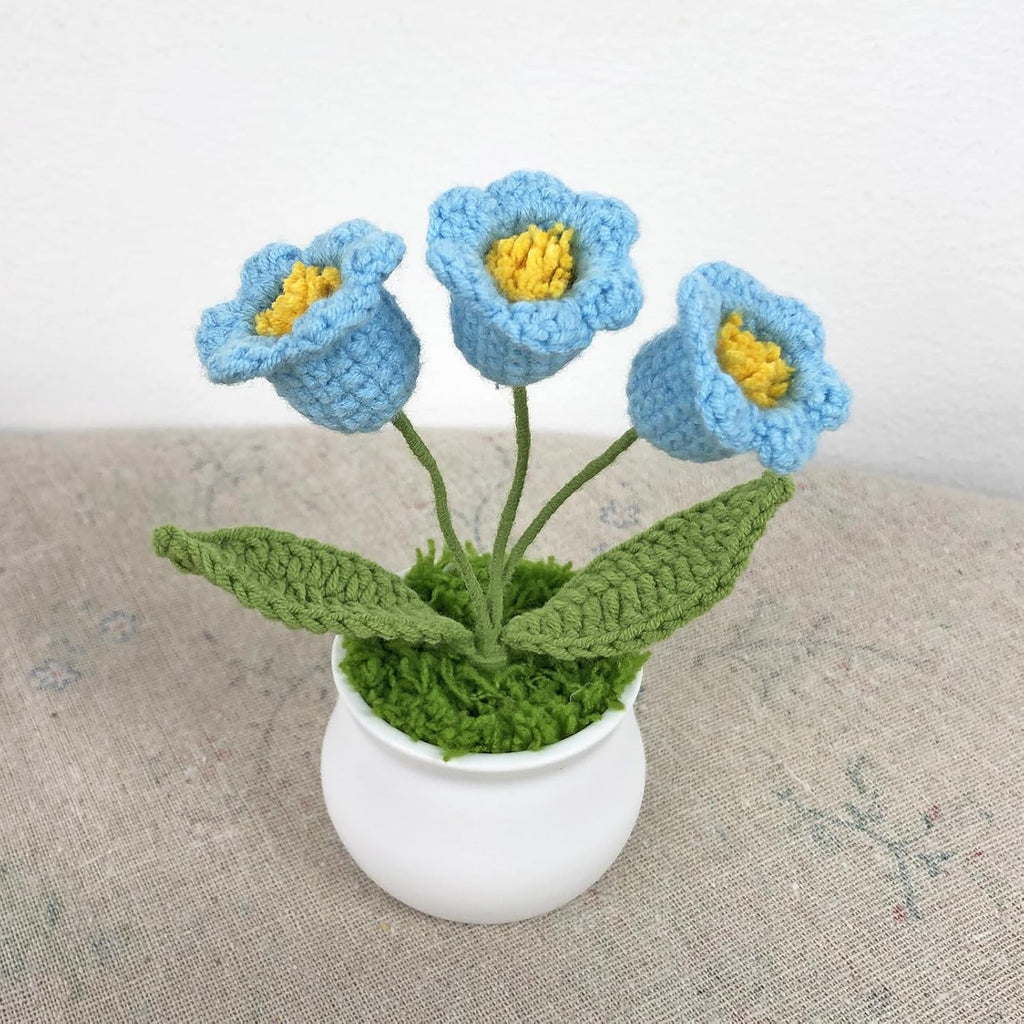 Crochet Flowers Cute Little Potted Flower, Gift for Birthday, Teacher’s Day, Graduation, Anniversary, Christmas, Decor for Car Dashboard,Home Office Decoration (Blue Lily of The Valley)