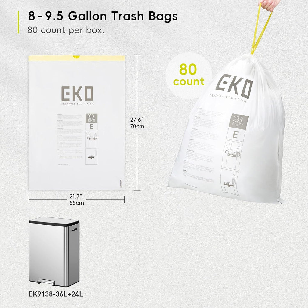 EKO Easy-Dispense Roll 80 Count Extra-Strong Drawstring Tall Kitchen Trash Bag, 8-9.5 Gallon Trash Bag (30.3L-36L) 1 Pack White, Code E