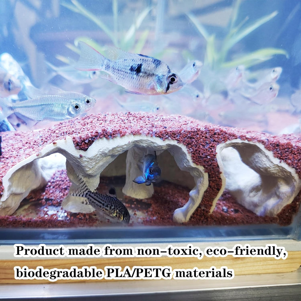 Aquarium Cave Decor，Under Gravel Tunnel Hideout with Viewing Ports, Substrate-Friendly Fish Tank Decoration for Pleco, Shrimp & Corydoras (Rock Gray, Extra Large)