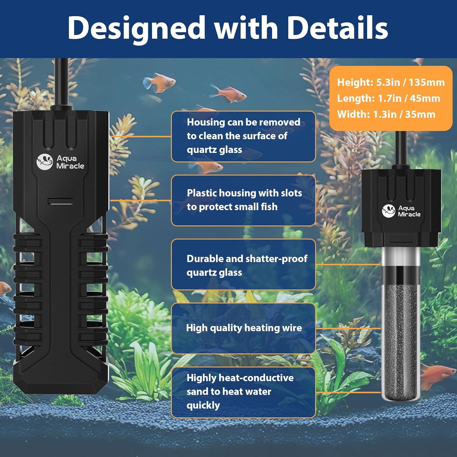 AquaMiracle 50W Submersible Aquarium Heater with LED Digital Display Thermostat, Fish Tank Heater Turtle Heater with Protective Housing, for Tanks 5-10 Gallons