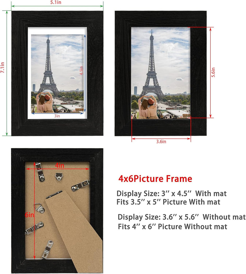 4x6 Picture Frame Set of 4, Made of Real Glass and Rustic Black Wooden Frame, 4 by 6 Photo for Wall or Tabletop - Display Picture 3.5x5 with Mat or 4x6 Without Mat