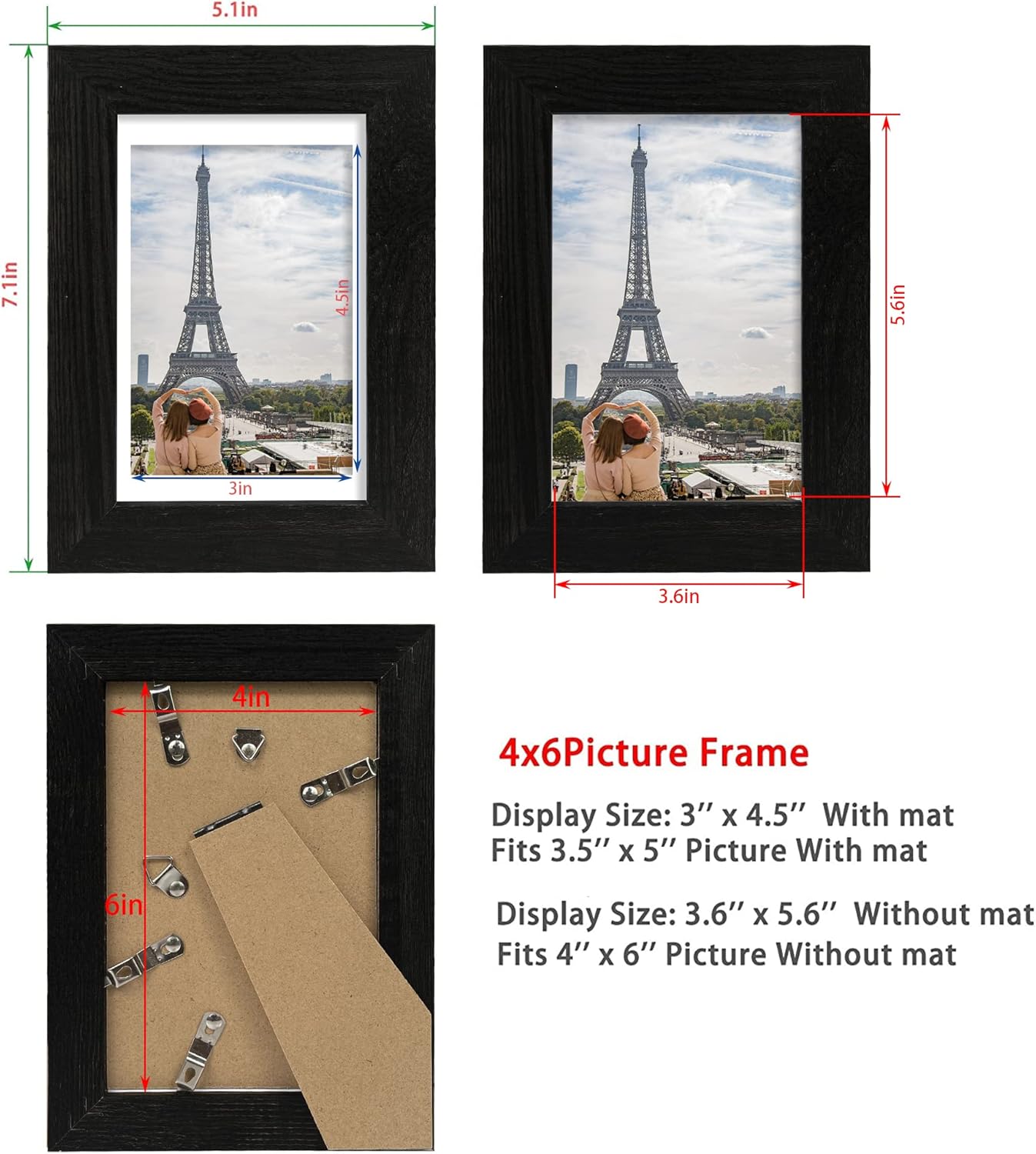 4x6 Picture Frame Set of 4, Made of Real Glass and Rustic Black Wooden Frame, 4 by 6 Photo for Wall or Tabletop - Display Picture 3.5x5 with Mat or 4x6 Without Mat