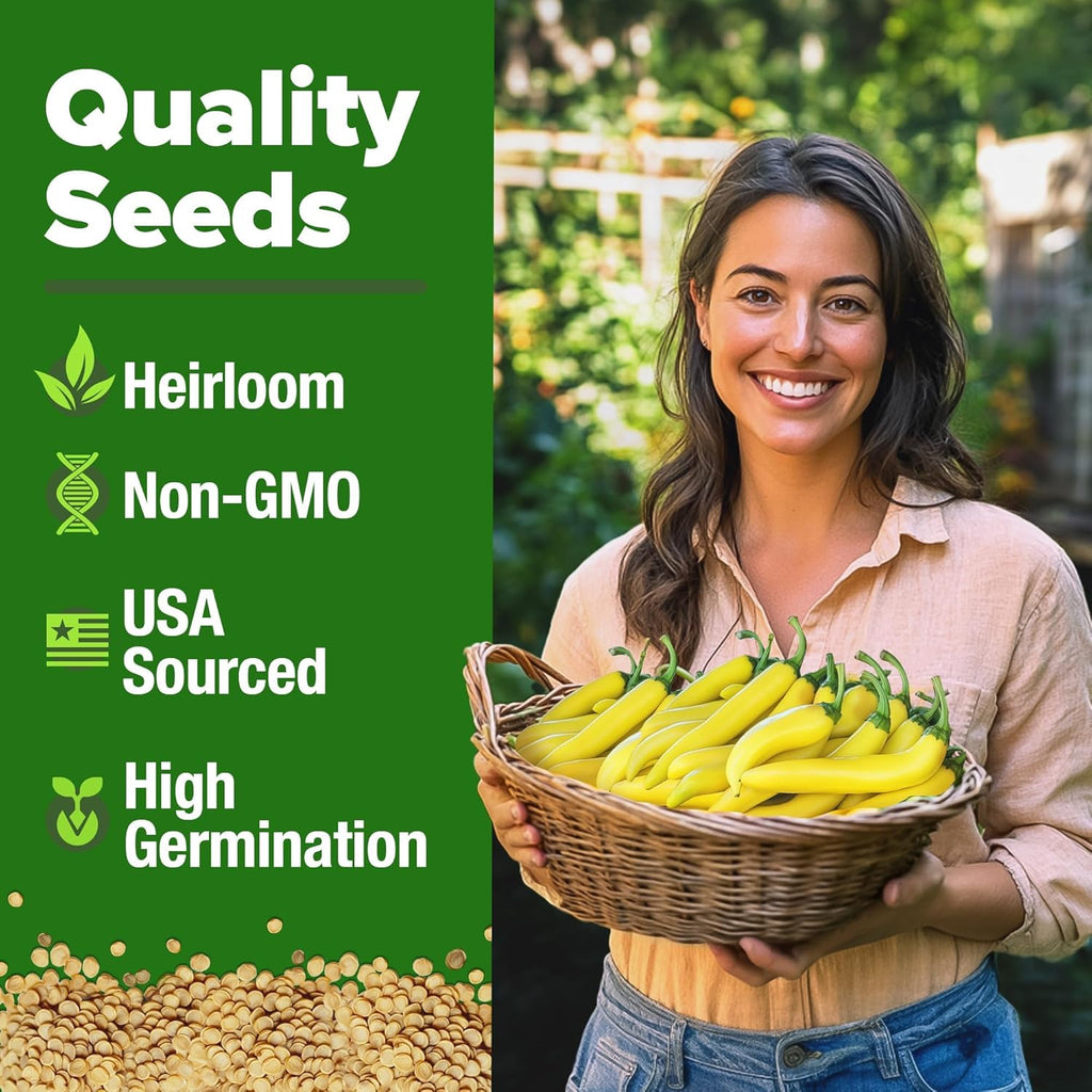 HOME GROWN Banana Pepper Seeds 2 Pack (Capsicum annuum) – 188 Heirloom Seeds, High Germination Vegetable Seeds – Growing Sweet Banana Peppers Indoors or Garden