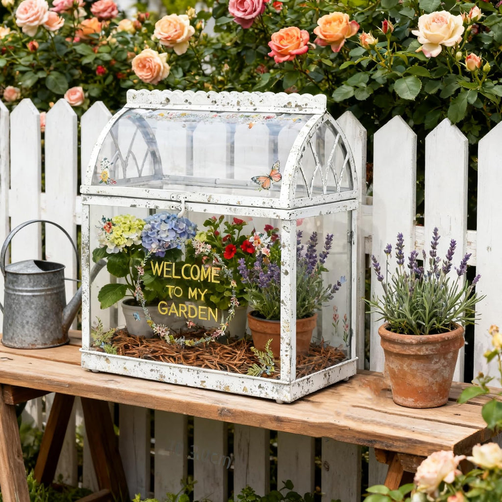 Large House Shape Glass Terrarium with Acrylic Lid, White Geometric Greenhouse - Style Planter for Ferns, Succulents, Air Plants, Handmade Indoor Tabletop Decor (Terrarium Only)
