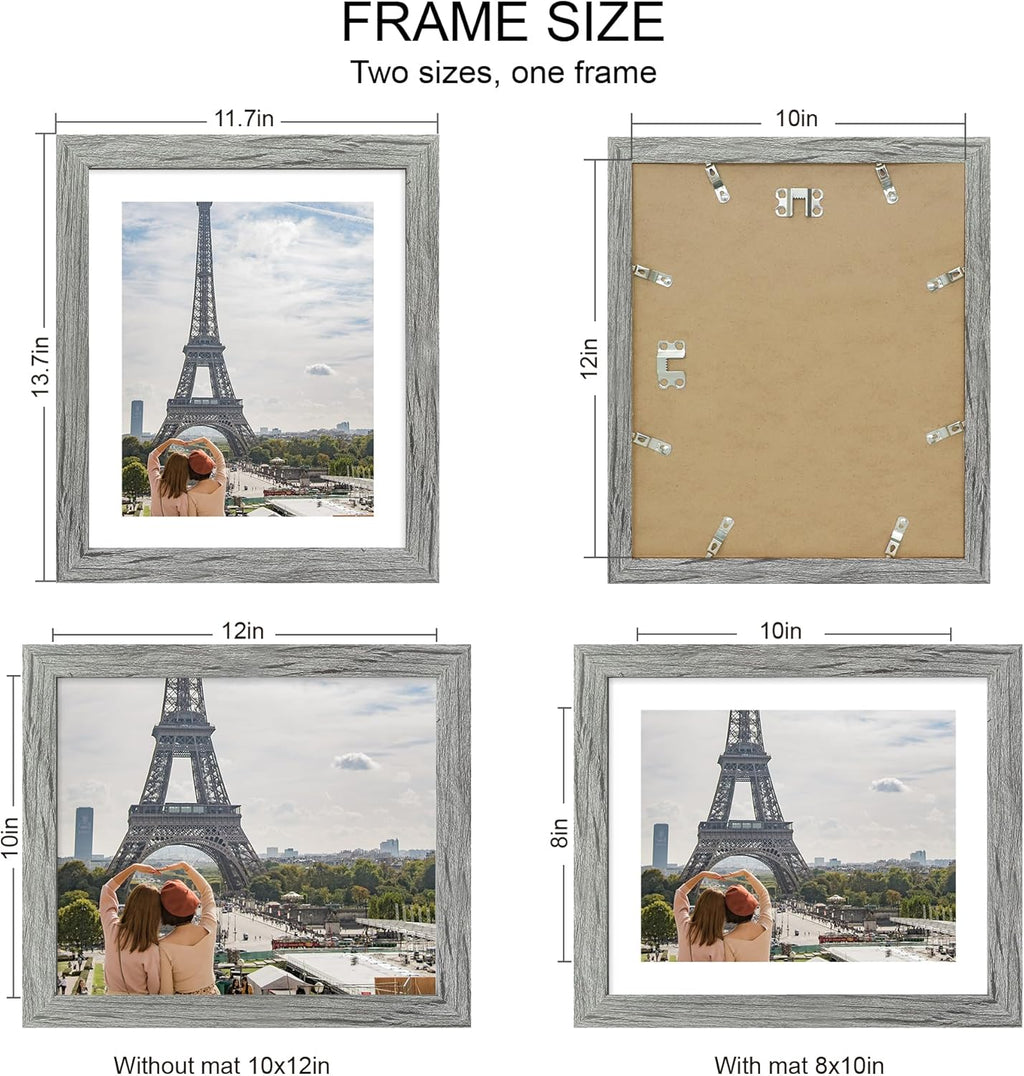10x12 Picture Frame Set of 4, Made of Real Glass and Grey Frame - Display Picture 8x10 with Mat or 10x12 Without Mat, 10 by 12 Photo for Wall Mounting