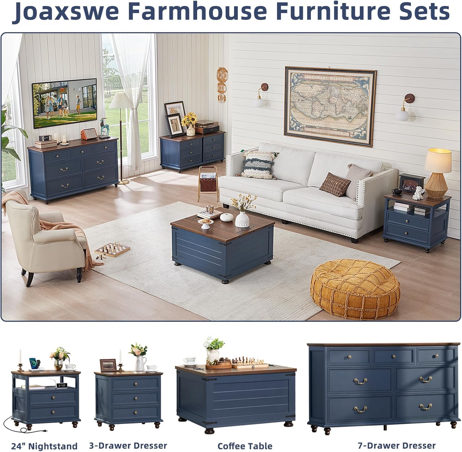 Farmhouse Coffee Table with Hidden Storage, 59 Gallon Square Center Table for Living Room, Rustic Wood Cocktail Tables with Flip-Top Lids, Farm House Tables with Wooden Gourd Feet, Navy Blue
