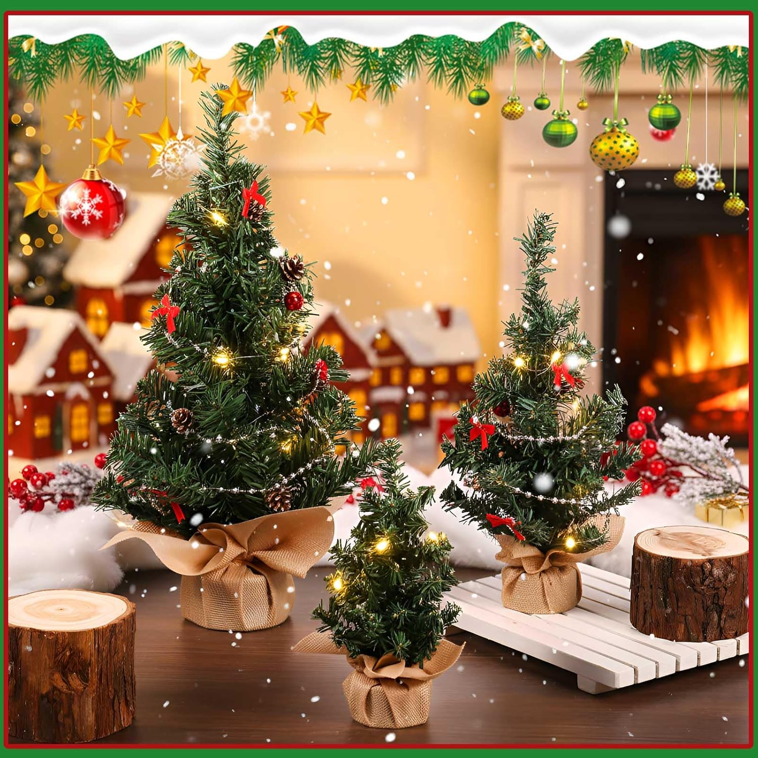 Libima 5 Pieces Tabletop Mini Christmas Tree 15.7" 11.8" 7.9" Artificial Green Xmas Pine Tree Christmas Decorations for Home Miniature Trees with Linen Base for Dining Kitchen Desk Home