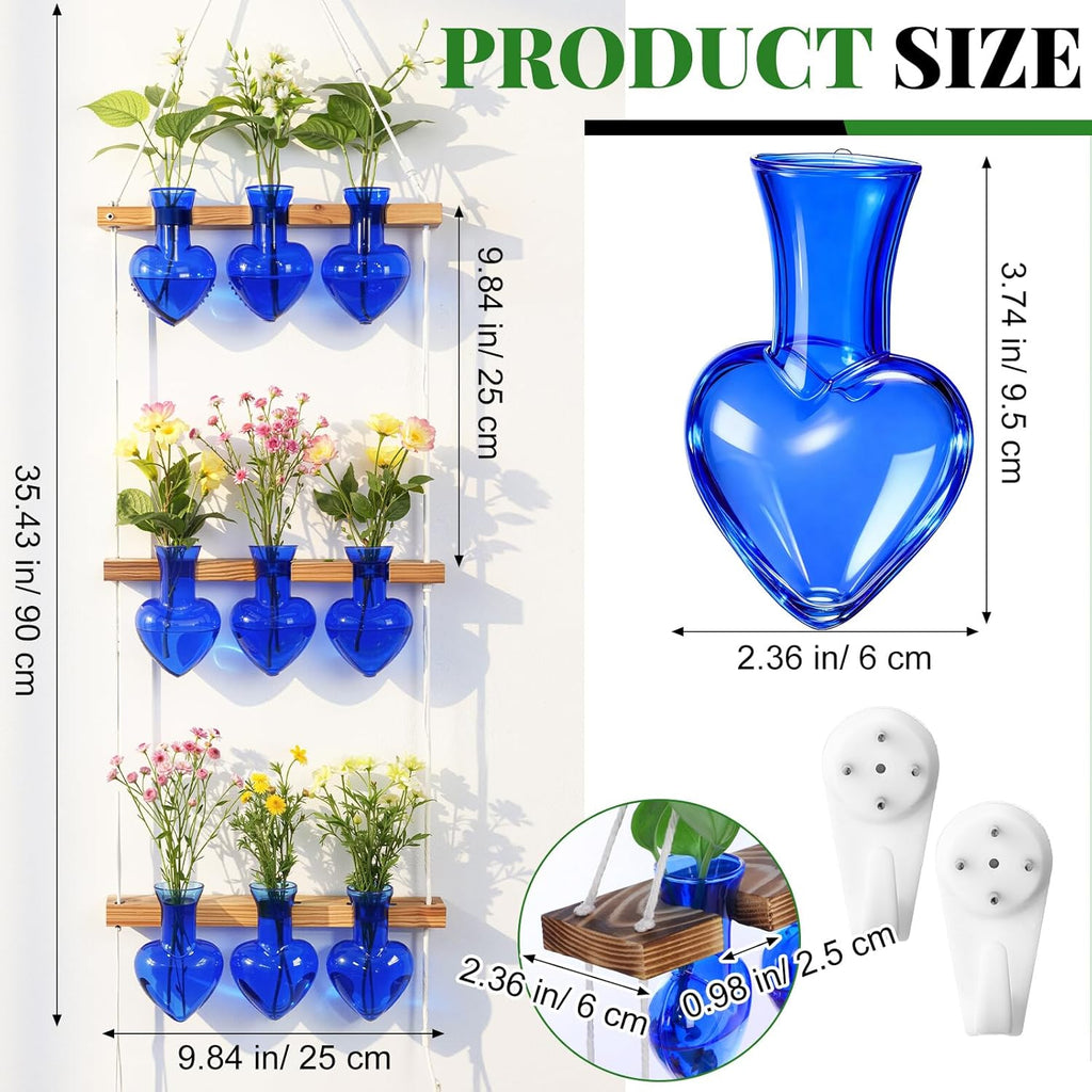 Leinuosen Plant Hanging Propagation Station Wall Hanging Planters Terrarium with 3 Tiered Wooden Stands for Home Garden Decor Hydroponics Plant Lovers Gifts- 9 Glass Vases (Heart Shaped,Blue)