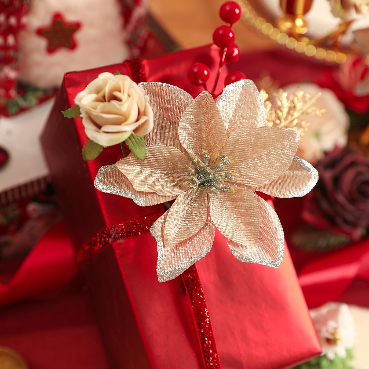YYHUAWU Artificial Christmas Flowers Greenery Combo Box Set Faux Flowers Bulk Flower Leaf with Stems for DIY Tree Ornaments Xmas Wreath Floral Arrangements Centerpieces